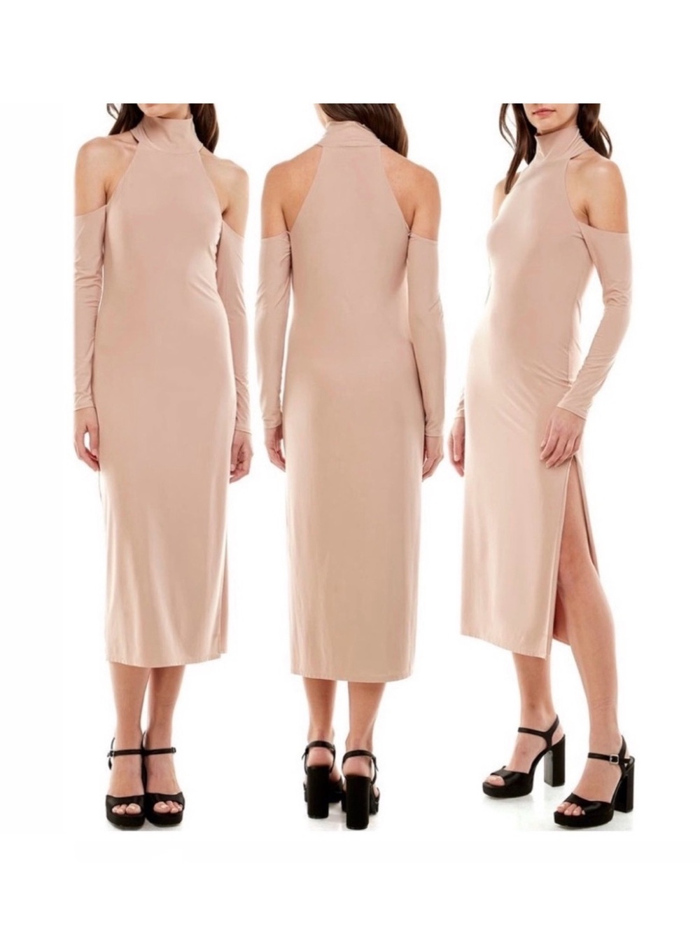 Wayf Nude Cold-Shoulder High-Neck Midi Dress sz M